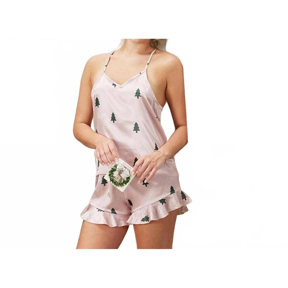 NEW BELLA SLEEP + SPA woodland tree satin cami and ruffled shorts pajama set in